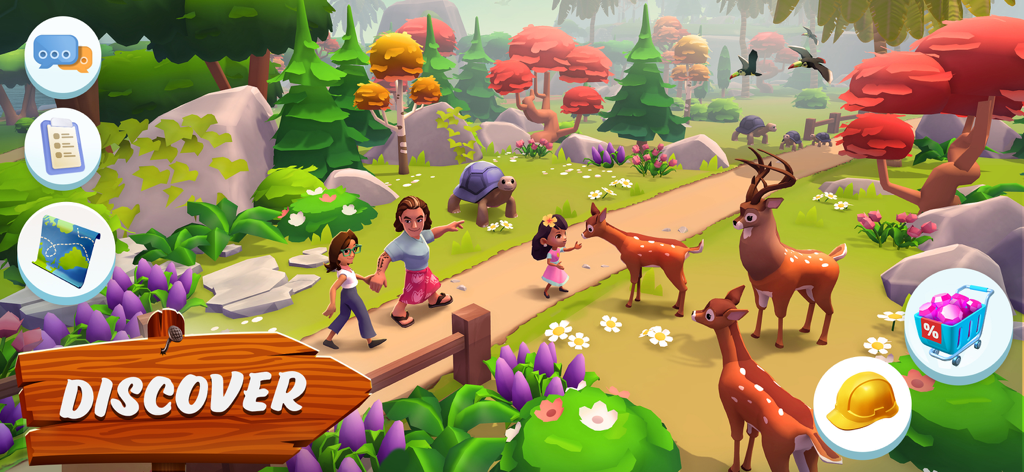 Sunshine Island: Farming Game - Charaktere gehen auf einem Pfad in einem üppigen tropischen Wald mit Rehen und Schildkröten im Sunshine Island Landwirtschaftsspiel