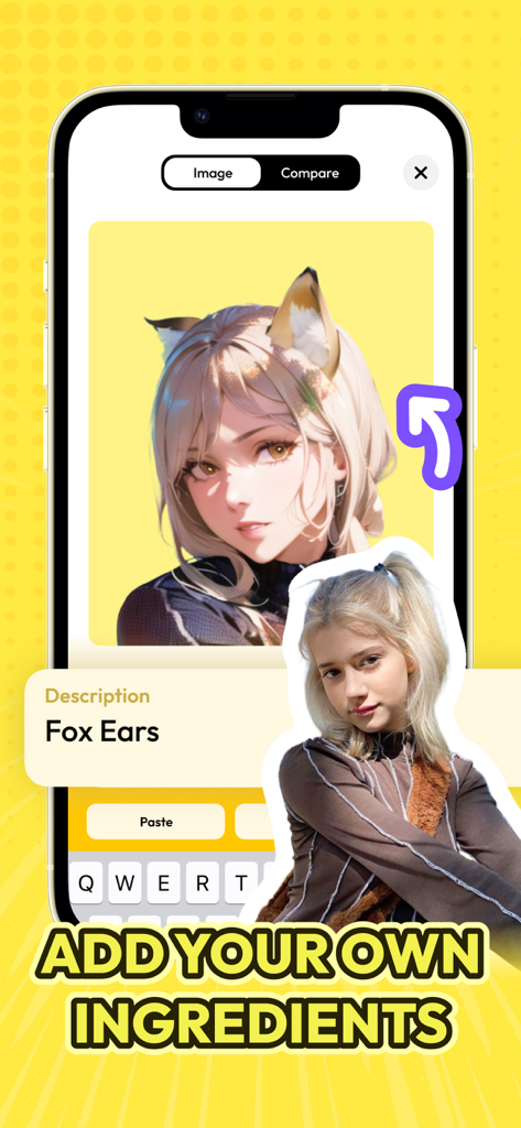 Interface de l'application Anime Filter montrant comment ajouter des détails personnalisés tels que des oreilles de renard à un avatar d'anime IA