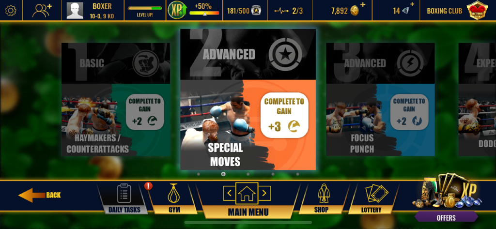 Real Boxing 2 - Menu de movimentos especiais do Real Boxing 2 mostrando movimentos especiais e níveis de habilidade