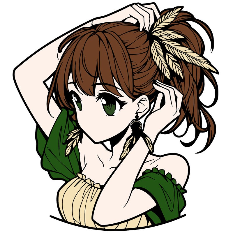 anime girl tucking her hair behind her ear with feathered earrings