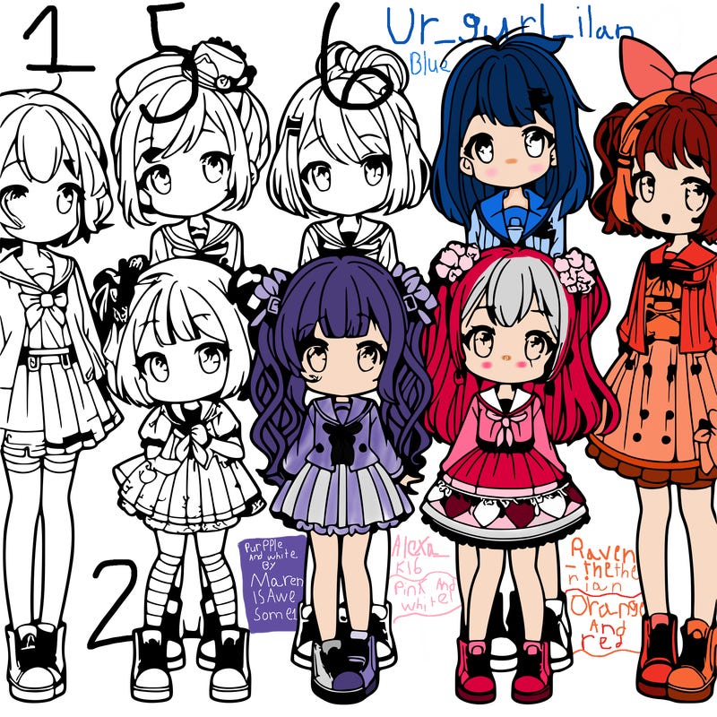 6 cute anime girls lined up