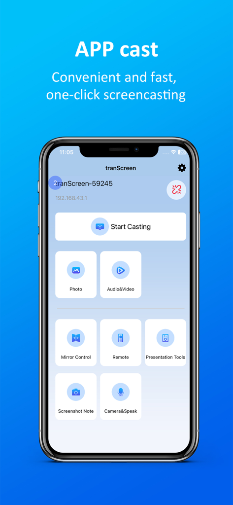 Interface de l'application tranScreen sur un iPhone montrant diverses fonctions de mise en miroir d'écran et de contrôle à distance.