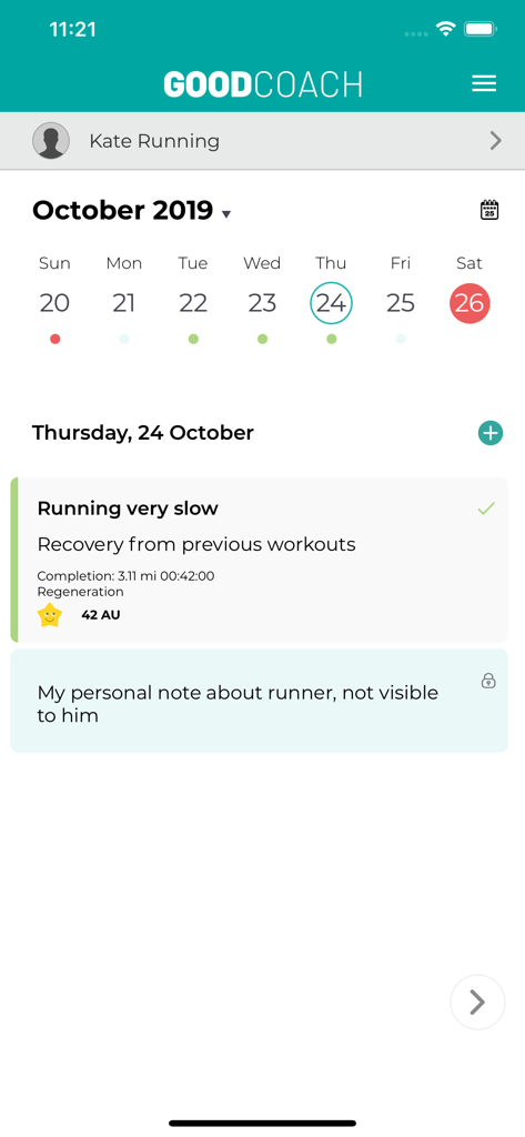 Interfaz de la aplicación Good Coach que muestra una carrera de recuperación programada con detalles de finalización del entrenamiento y una nota privada del entrenador.