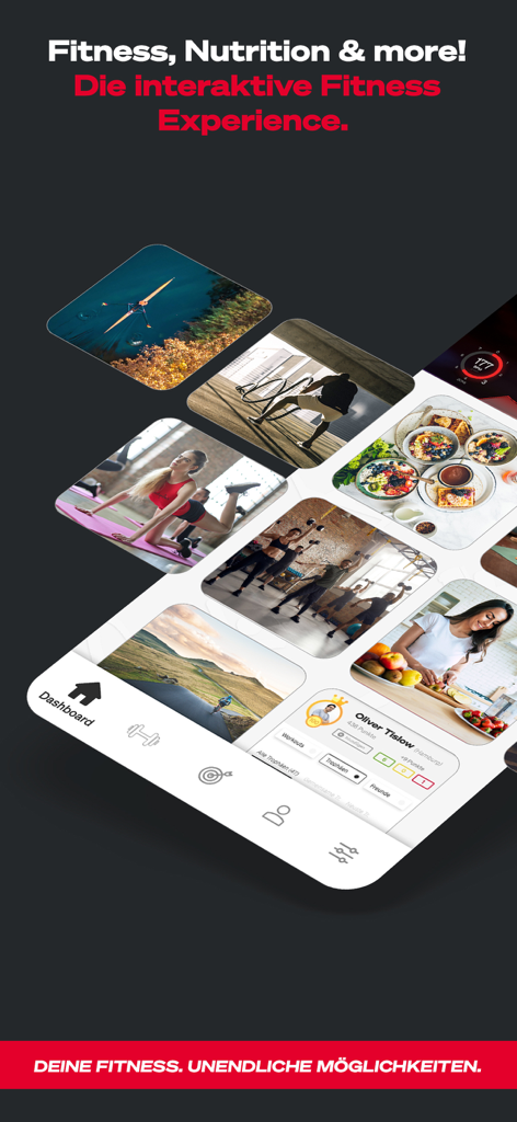 Sportstech Live App-Dashboard mit Trainingsoptionen und Ernährungstipps