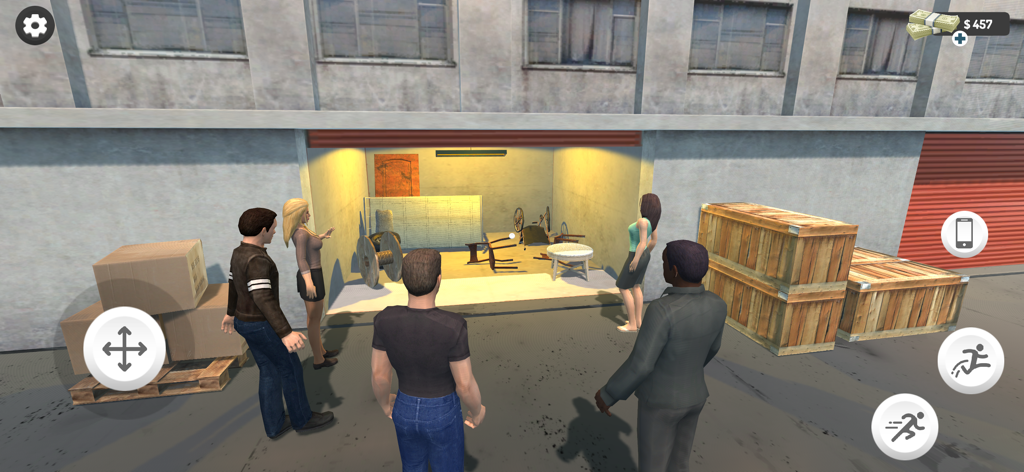 Auction Hunter Simulator : BId - Un gruppo di personaggi in piedi davanti a un box di stoccaggio aperto pieno di oggetti in Auction Hunter Simulator.