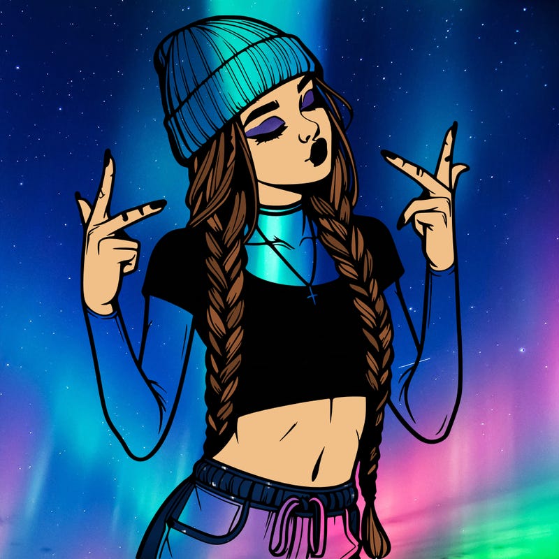 realistic teenage girl with braids and a beanie and crop top doing 🫶🏼