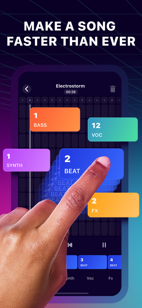 Une personne utilisant l'application Beat Jam pour créer de la musique en tapant sur des pads colorés pour le synthé basse et les rythmes