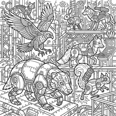 Explore a captivating world where nature meets technology with this intricate Animal Cyborgs coloring page. Dive into a full scene bustling with incredible mechanical creatures and futuristic landscapes.