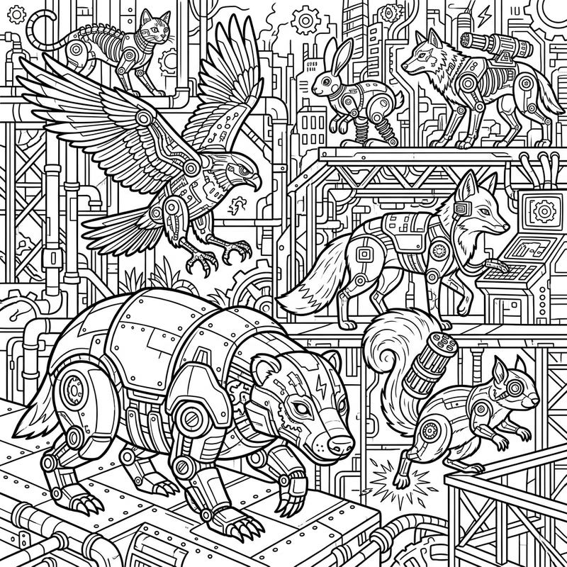 Explore a captivating world where nature meets technology with this intricate Animal Cyborgs coloring page. Dive into a full scene bustling with incredible mechanical creatures and futuristic landscapes.