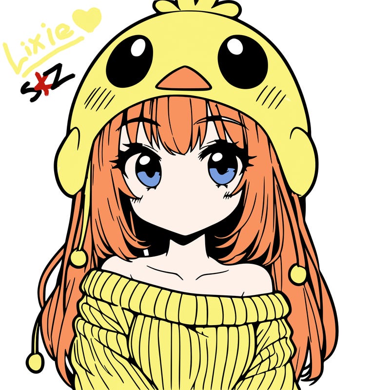 anime girl with chick shaped hat with sweater with bare shoulders with bangs covering them one eye with low tail