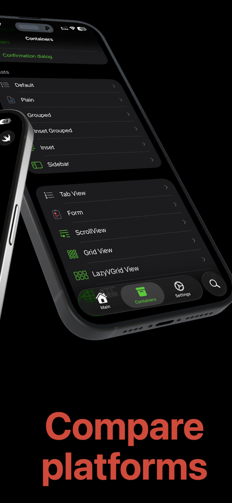 UI Tracer - UI Tracer app displaying a list of SwiftUI container components like Tab View and ScrollView on a dark interface