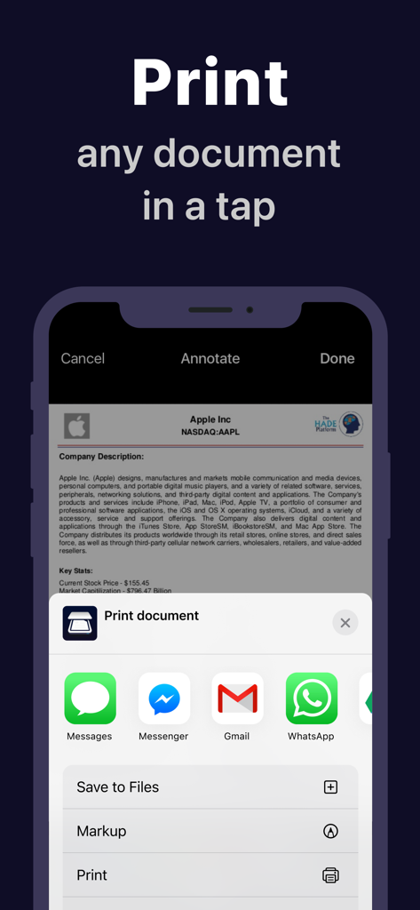 A mobile screen showing the one-tap print and share options for a scanned document in the Scanner App