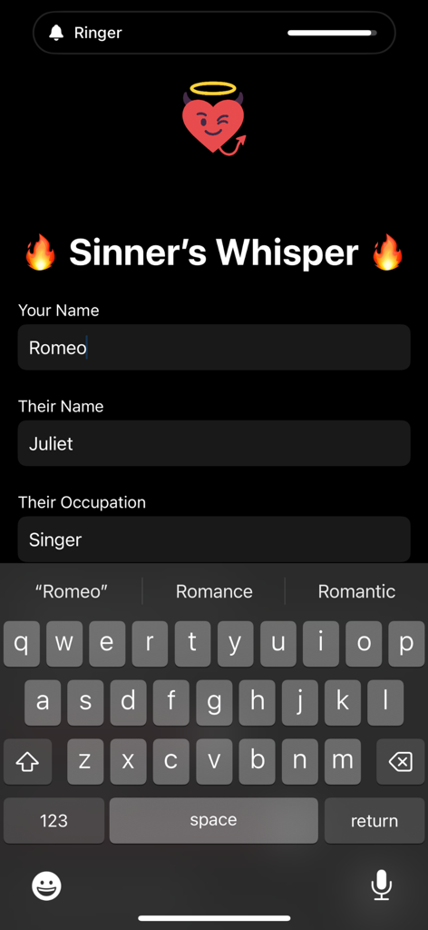 Sinners Whisper - Schermata dell'app Sinners Whisper con campi di input per nomi e professione per generare battute di approccio con l'AI