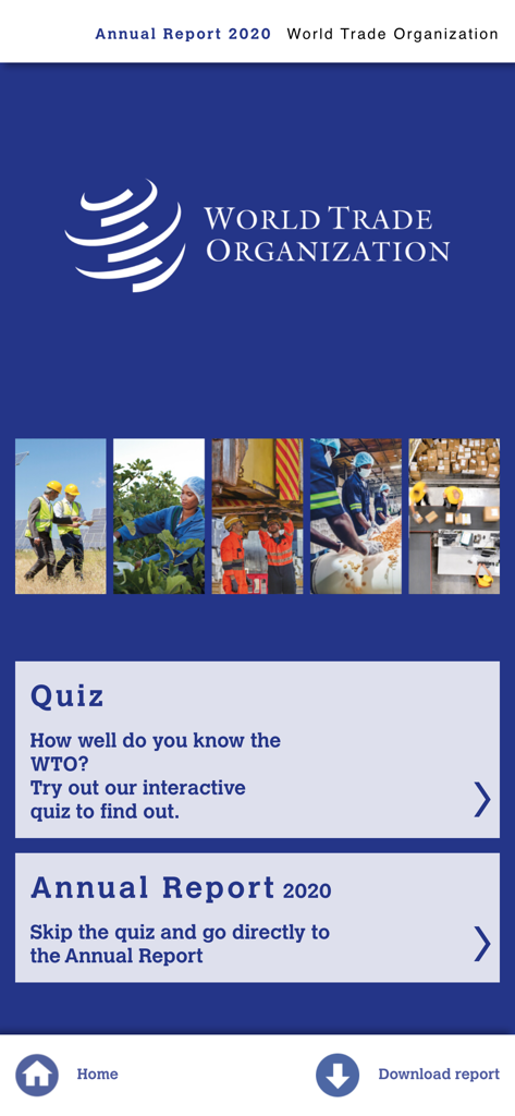 Home screen of the WTO app showing the 2020 Annual Report and an interactive quiz option.