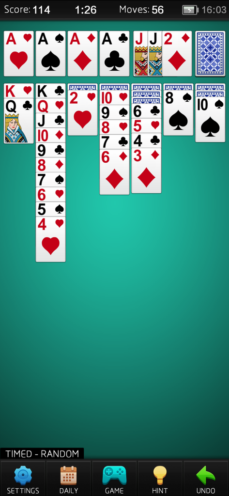Classic Solitaire card game gameplay with crisp graphics and a green background