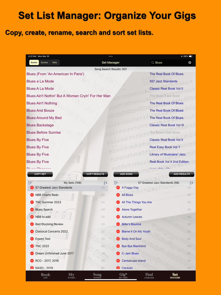 iGigBook Sheet Music Manager - Interface of the iGigBook app set list manager showing search results and organized song lists on an iPad.