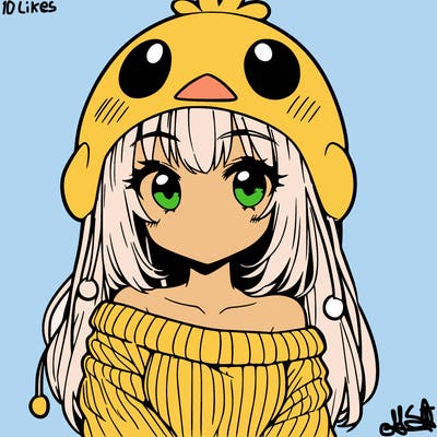 anime girl with chick shaped hat with sweater with bare shoulders with bangs covering them one eye with low tail
