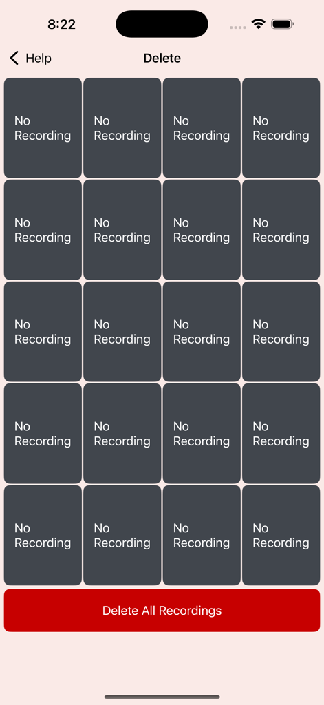 The delete screen of the SoundPad app displaying a grid of twenty empty sound slots and a red delete all recordings button.