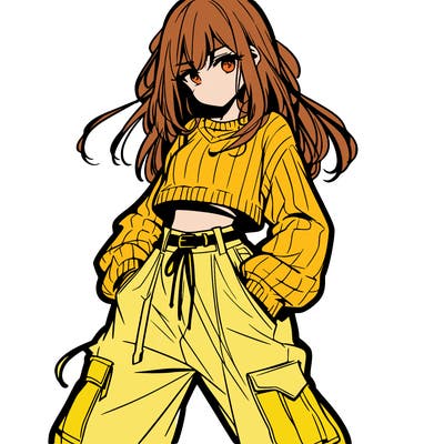 anime teen girl with baggy pants and crop top with sweater