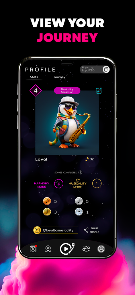 Musicality Beats - Uma tela de perfil de usuário no Musicality Beats mostrando um avatar de pinguim tocando saxofone e estatísticas do jogo do jogador.