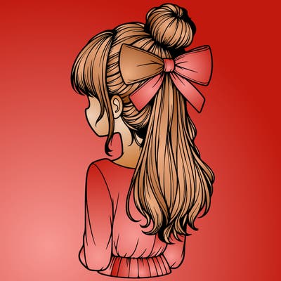 realistic girl  with hip length hair a bun and a big bow on the back of head
