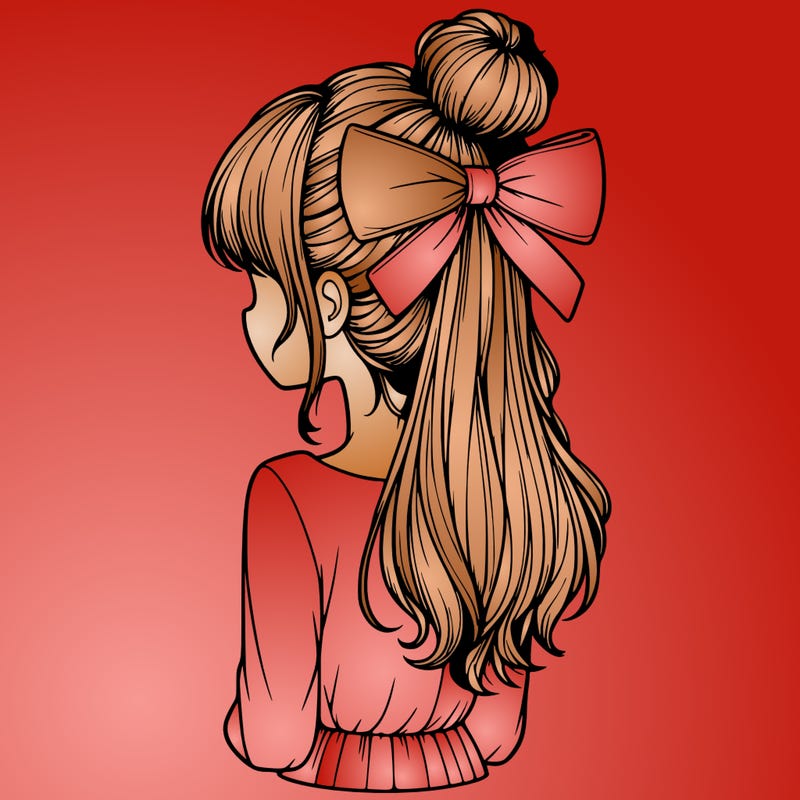 realistic girl  with hip length hair a bun and a big bow on the back of head