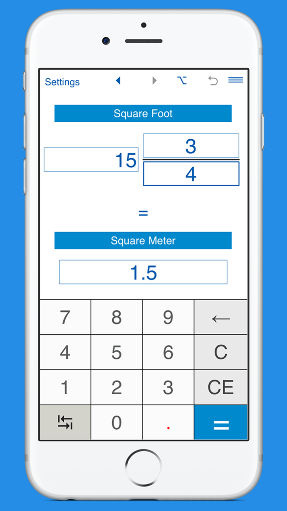 Interfaccia dell'app convertitore Piedi Quadrati / Metri Quadrati con inserimento di frazioni