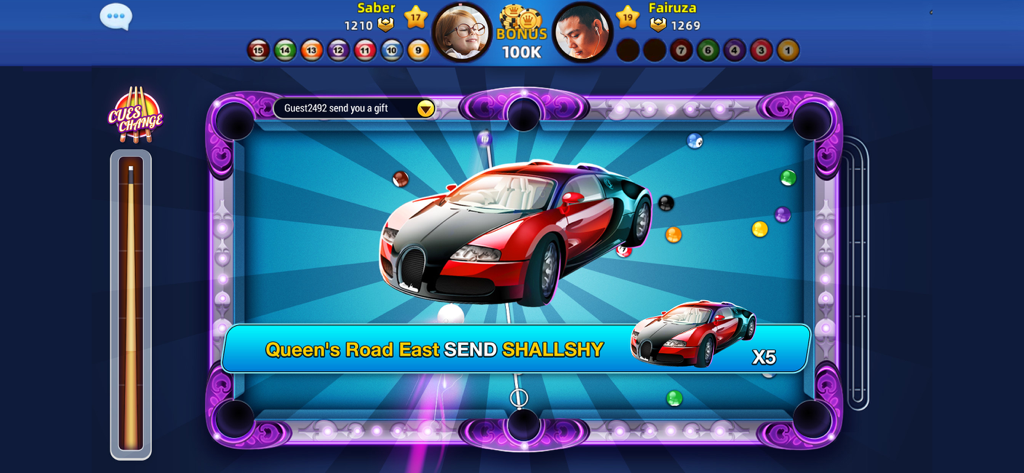 8 Ball Blitz - Billiards Games - A luxury sports car virtual gift displayed on a purple billiard table during a multiplayer 8 Ball Blitz match