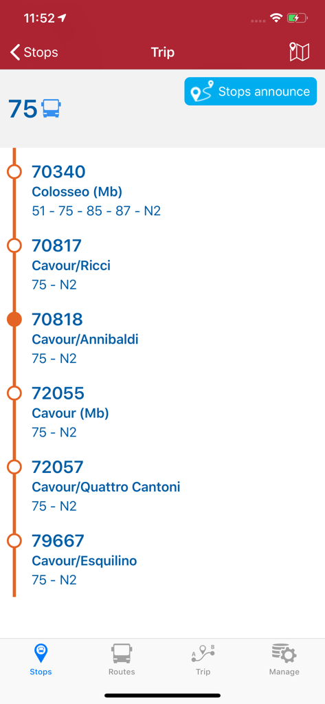 Interface of Bus Roma app showing the bus 75 trip route with a list of stops