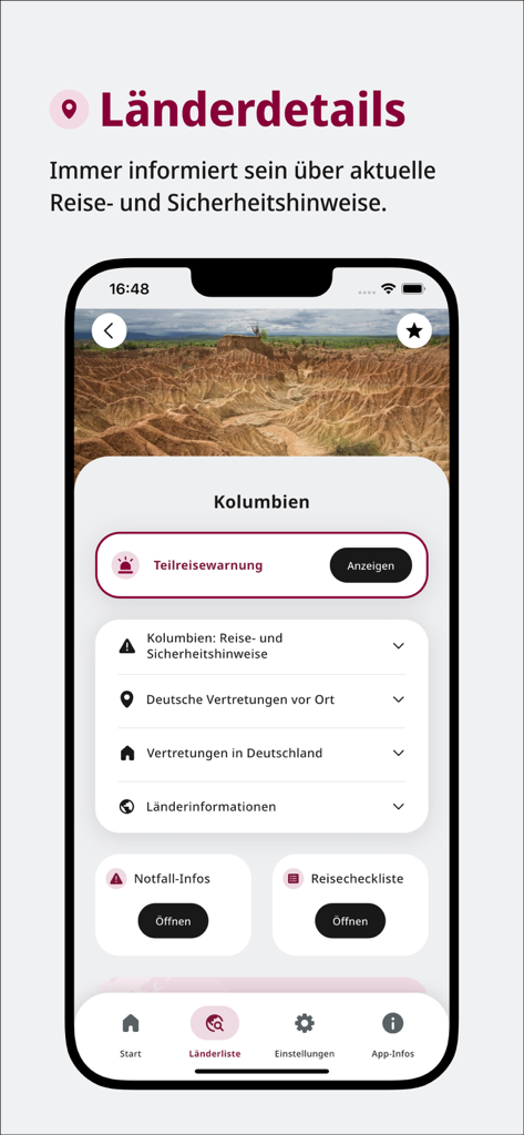Screenshot dell'app Sicher Reisen che mostra avvisi di viaggio e informazioni sulla sicurezza per la Colombia