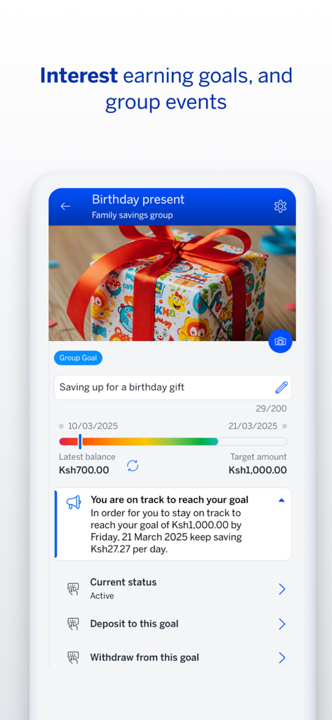 Stanbic Chama App interface showing a group savings goal progress for a birthday gift
