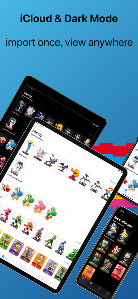 AmiiBot - AmiiBot app interface showing iCloud sync and dark mode on iPhone and iPad