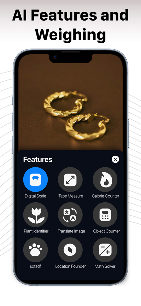 Schermata dello smartphone che mostra il menu delle funzionalità dell'app Scale For Grams con icone per bilancia digitale, metro a nastro, contacalorie e identificatore di piante.