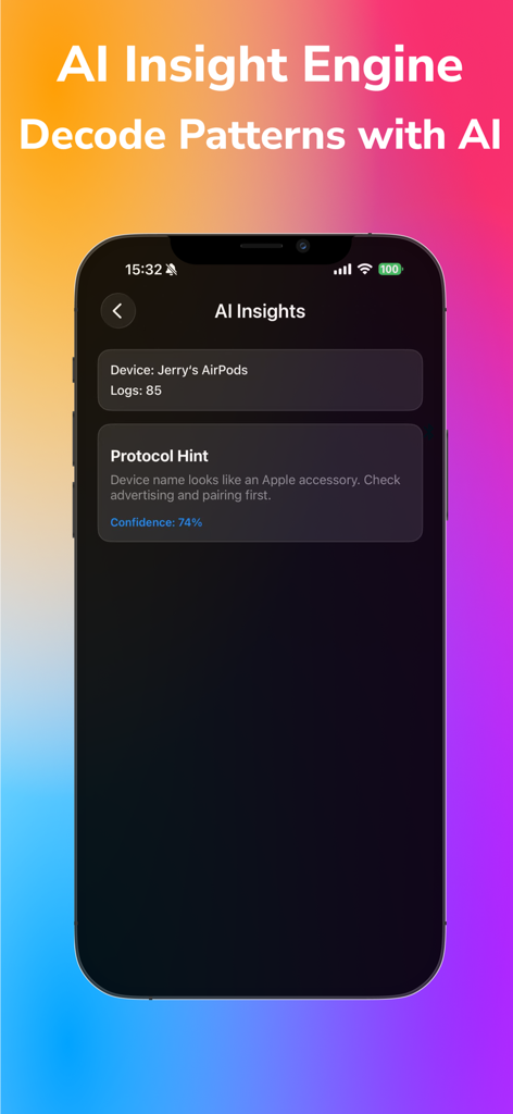 Bluetooth Explorer:AI Terminal - Screenshot of Bluetooth Explorer AI Terminal app showing AI-generated protocol hints and device insights on an iPhone screen