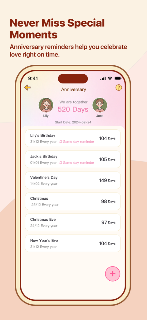Interfaz que muestra una cuenta regresiva de aniversario y recordatorios de fechas especiales de la relación como cumpleaños y días festivos.