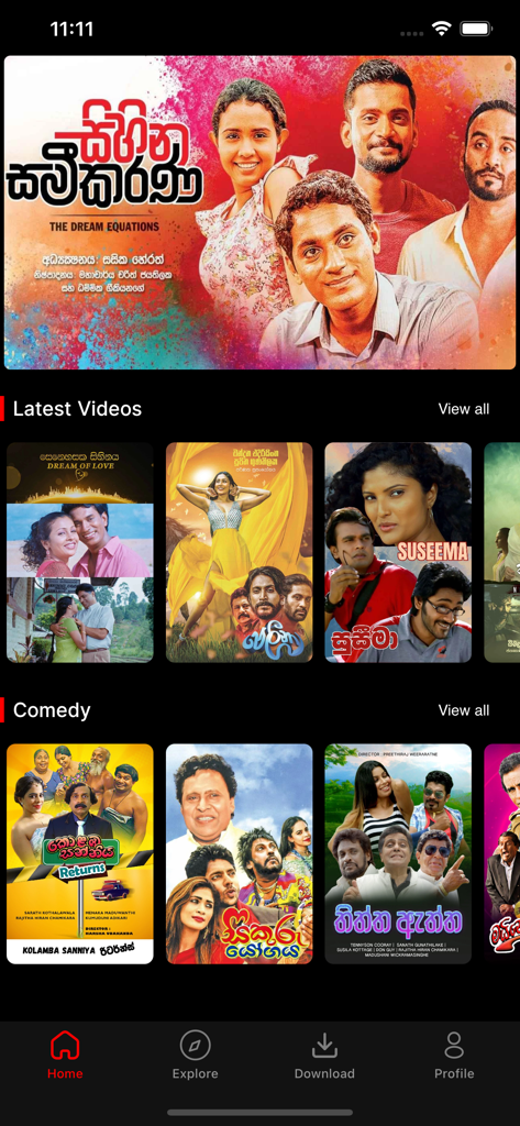 THINA - THINA mobile app home screen showing a library of Sri Lankan movies and TV shows including latest videos and comedy