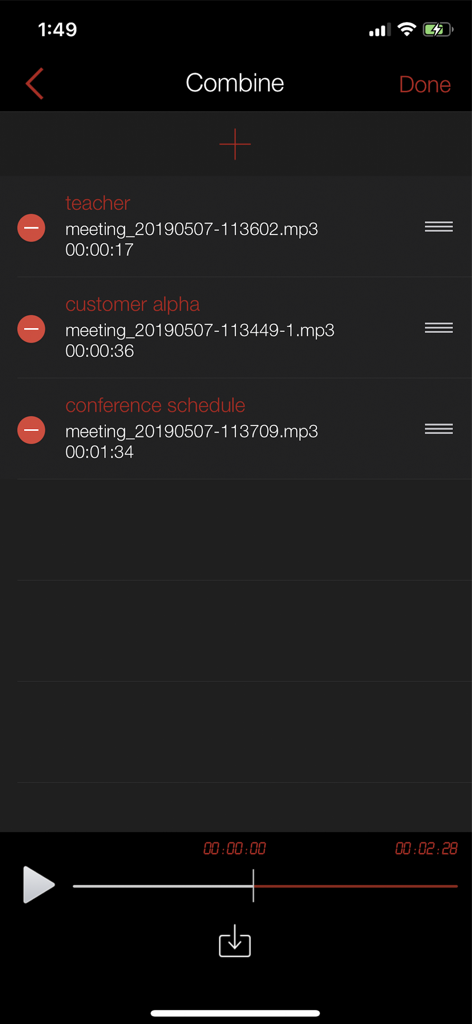 Awesome Voice Recorder PRO AVR - Interface of Awesome Voice Recorder PRO showing the feature to combine multiple audio recordings into one file.