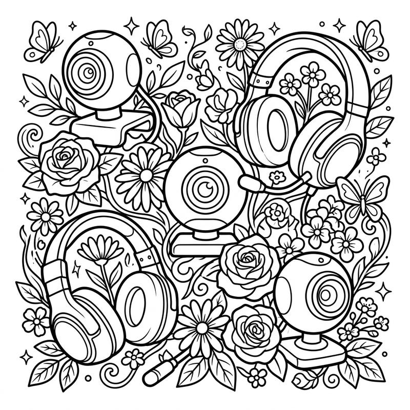 Celebrate the season of renewal with our unique Spring Webcams & Headsets coloring page. This intricate design blends essential tech gear with beautiful blooming flowers and butterflies for a delightful creative challenge.
