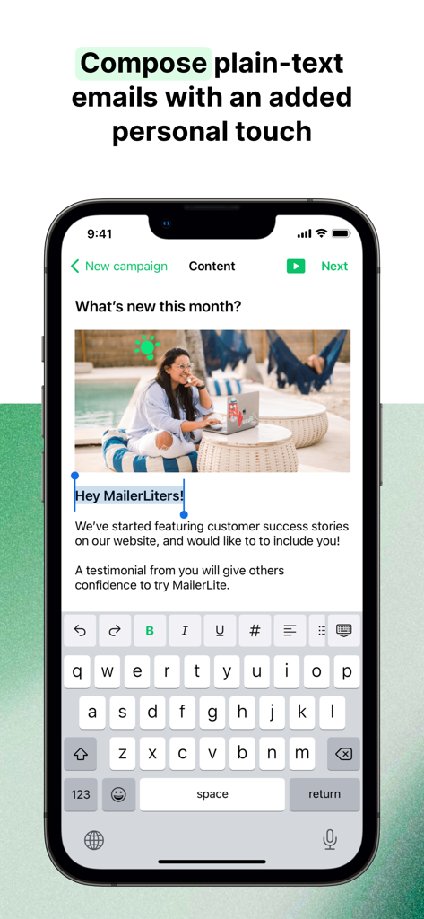 MailerLite Manager - MailerLite Manager app interface for composing and editing email campaigns on an iPhone