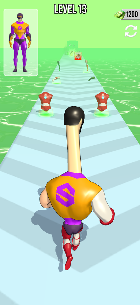 Un personaje corriendo en una pista y recogiendo partes de armadura de superhéroe en el juego móvil Crea Un Superhéroe.