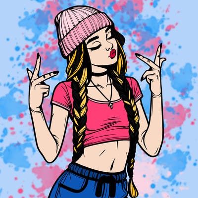 realistic teenage girl with braids and a beanie and crop top doing 🫶🏼