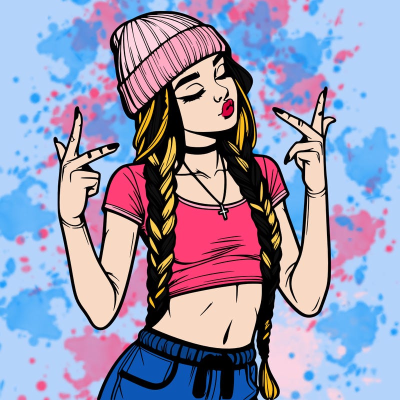 realistic teenage girl with braids and a beanie and crop top doing 🫶🏼