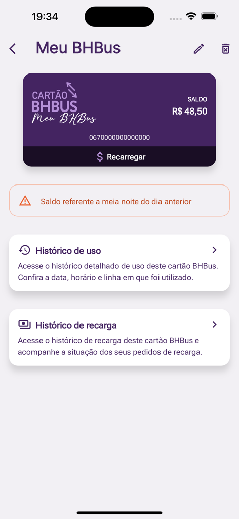 BHBUS+ - Pantalla de la aplicación BHBUS plus que muestra el saldo de la tarjeta de transporte y las opciones de recarga