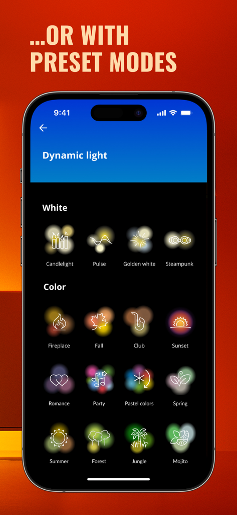 Interface of the WiZ Connected app showing a menu of dynamic light preset modes like Fireplace Sunset and Party