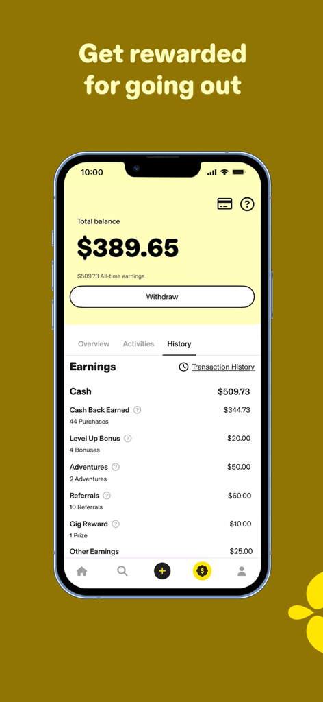 Franki | Eat. Drink. Earn. - Earnings dashboard in the Franki app showing a total cash balance and breakdown of rewards from dining and referrals