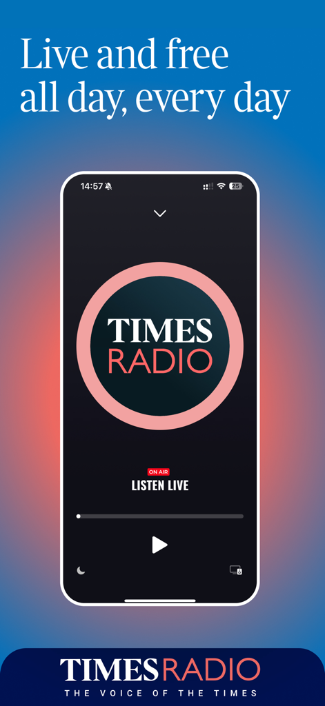 Times Radio - Listen Live - ライブラジオプレーヤーと局のロゴを特徴とするTimes Radioアプリのインターフェース