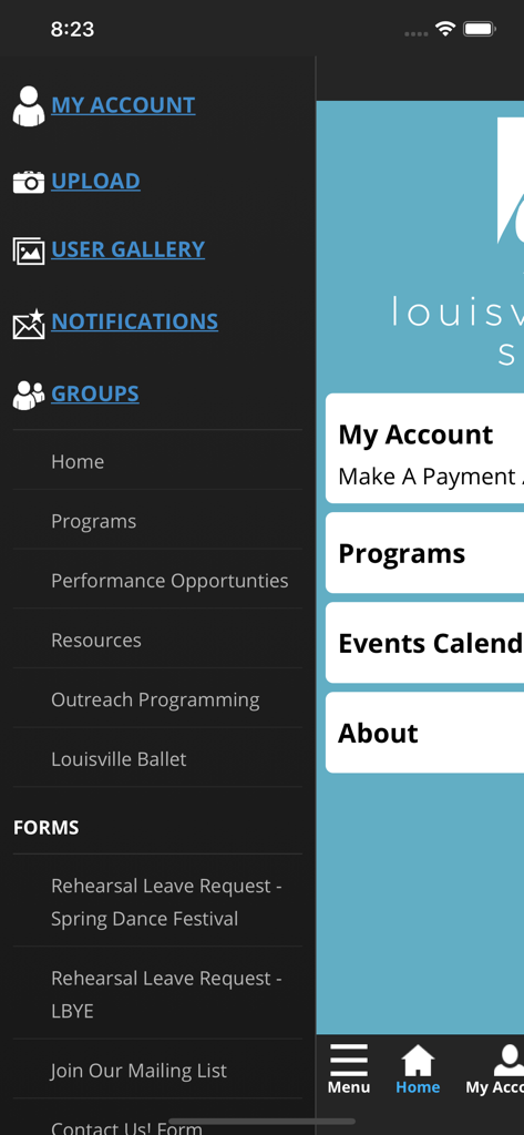 Louisville Ballet School - Menú de navegación lateral de la app móvil de la Escuela de Ballet de Louisville mostrando opciones de cuenta y enlaces a programas