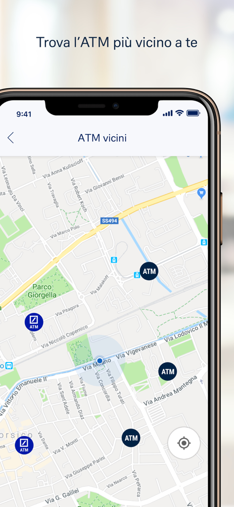 DB Le Mie Carte - Map view in the DB Le Mie Carte app showing nearby Deutsche Bank ATM locations
