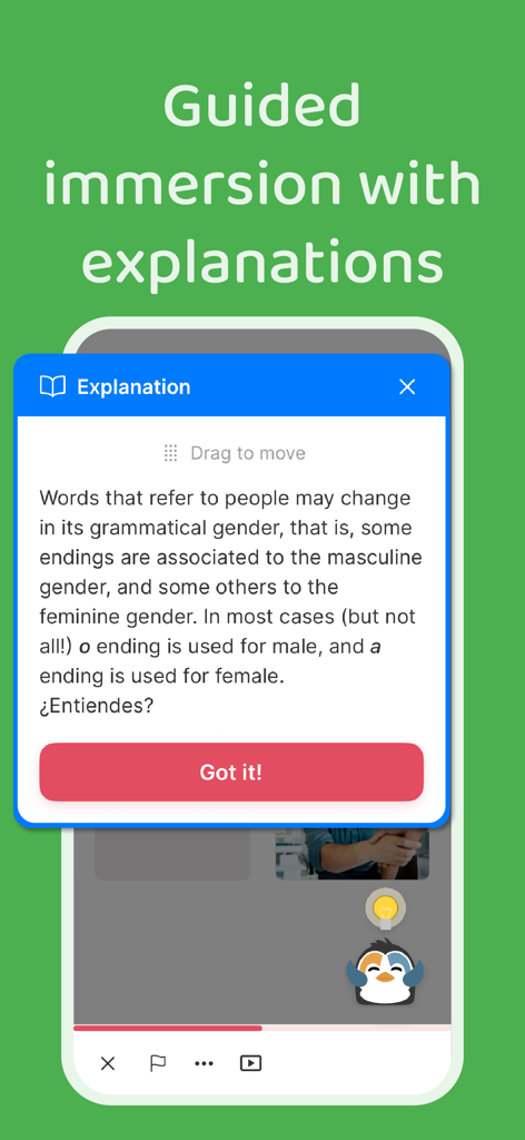 A mobile screen from the Palteca app showing a guided explanation about Spanish grammatical gender.