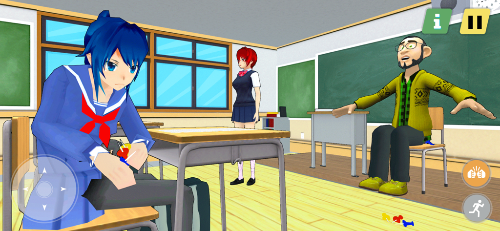 Yandere Simulator High School - Anime girl sitting at a desk while a teacher reacts to pins on the floor in a classroom
